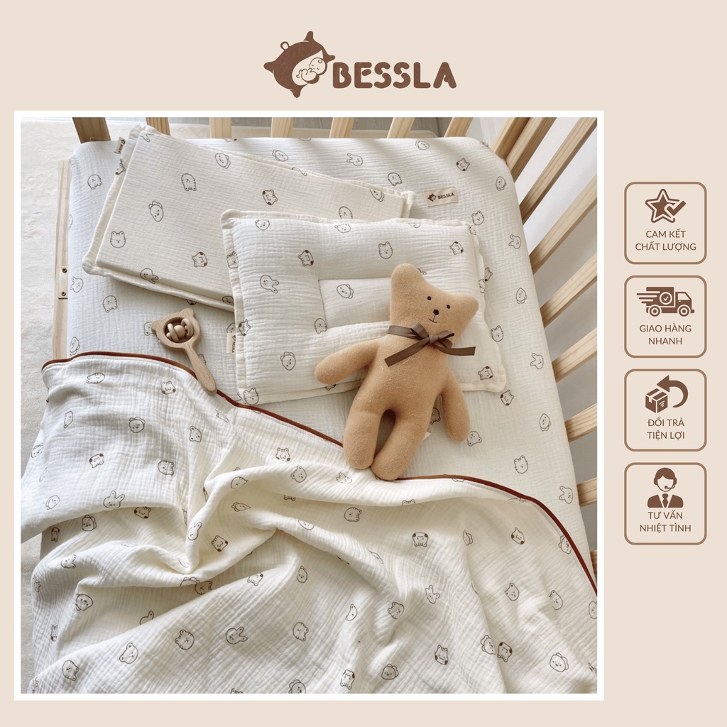Bộ Chăn- Gối Lõm Cho Bé Bessla Muslin 4 Lớp Mềm Nhẹ Thoáng Mát Thấm Hút Tốt An Toàn Giúp Giữ Ấm