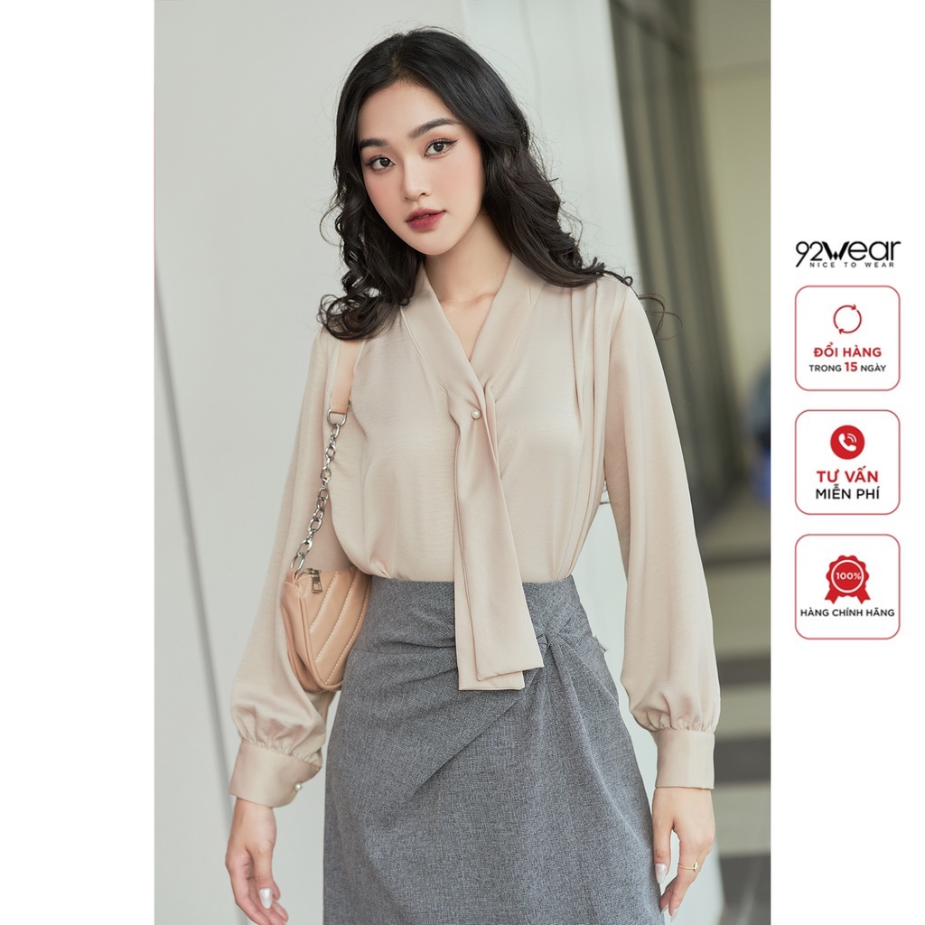 Áo sơ mi dài tay 92WEAR, thiết kế cổ nơ xinh xắn, sành điệu ASA2494