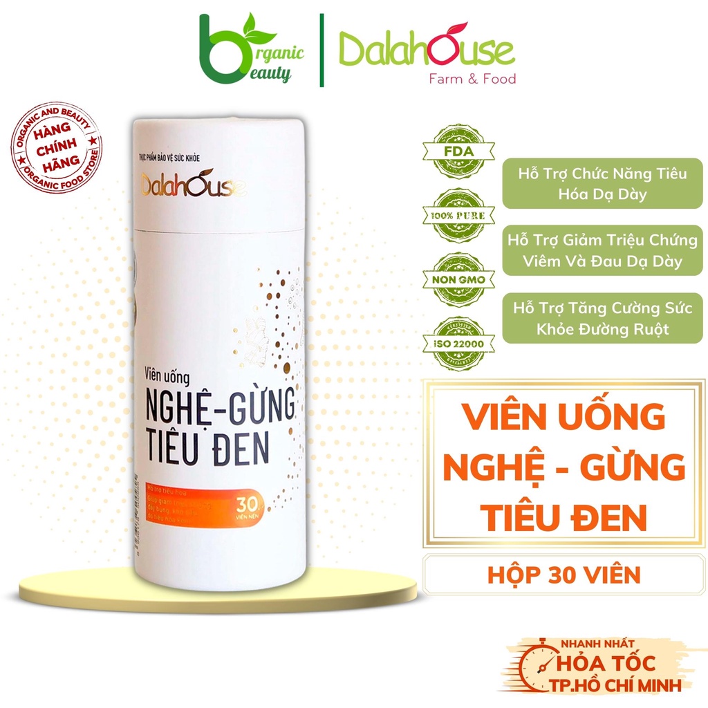 Viên Rau Thảo Mộc NGHỆ - GỪNG - TIÊU ĐEN Dalahouse Hỗ Trợ Tiêu Hóa, Giảm Đầy Bụng, Khó Tiêu Hộp 30 viên