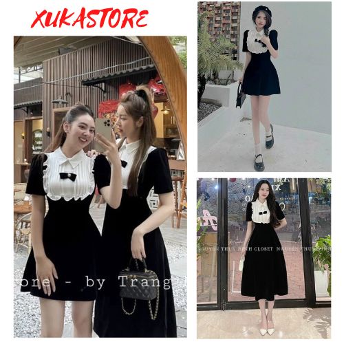 Đầm Nhung Đen và đỏ đô Tiểu Thư Dáng Chữ A Phối Cổ Trắng có 2 form váy dài và ngắn có tặng quần dáng chuẩn  Xukastore