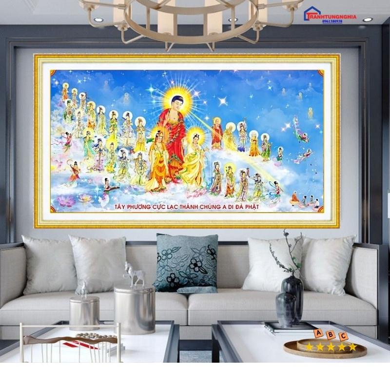 Tranh đính đá tây phương cực lạc thánh chúng a di đà phật 1m36 x 75cm