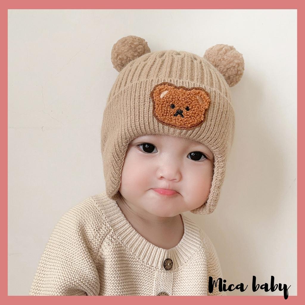 Mũ len bịt tai cục bông đính gấu dễ thương cho bé ML214 Mica baby