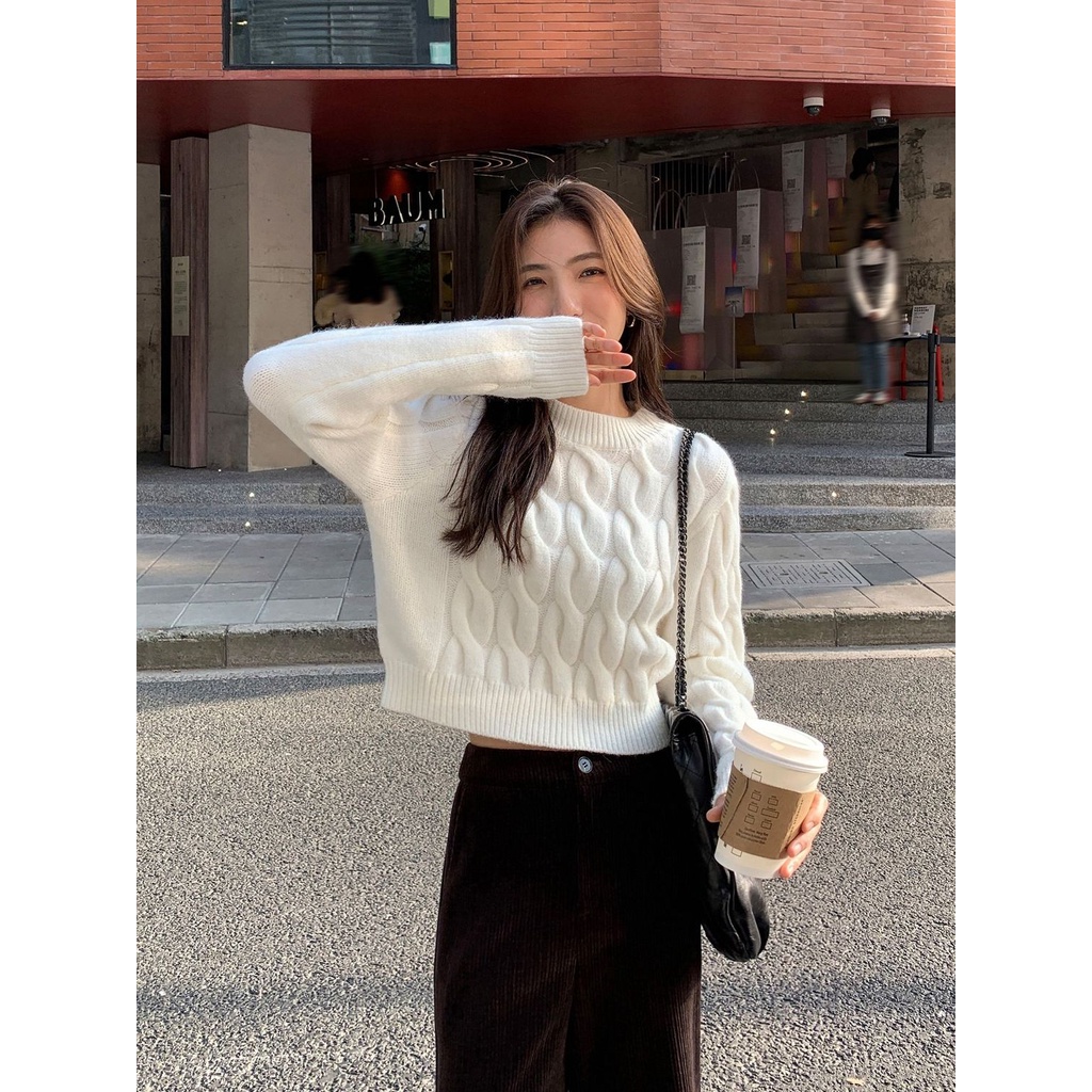 Áo Sweater Dệt Kim Dáng Ngắn Màu Xanh Dương Thời Trang Thu Đông Mới Cho Nữ