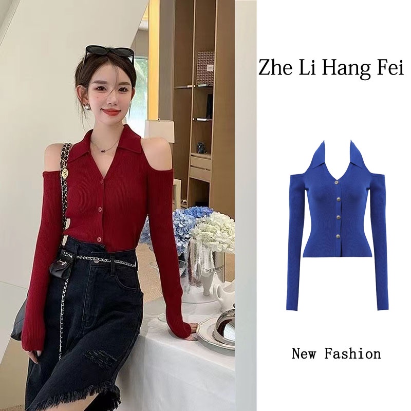 Áo ZHELIHANGFEI dệt kim tay dài hở vai gợi cảm xinh xắn