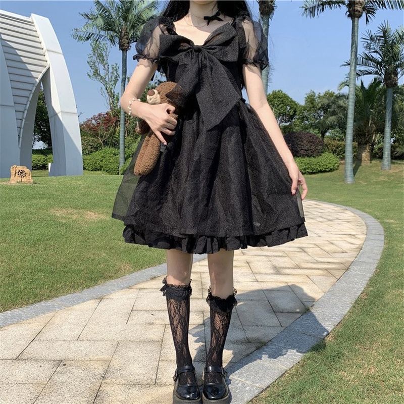 Đầm chữ A tay ngắn phối lưới đính nơ thời trang phong cách lolita xinh xắn dành cho nữ