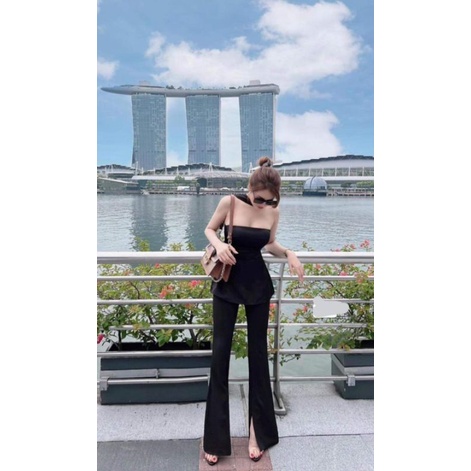Set quần loe áo vạt cổ