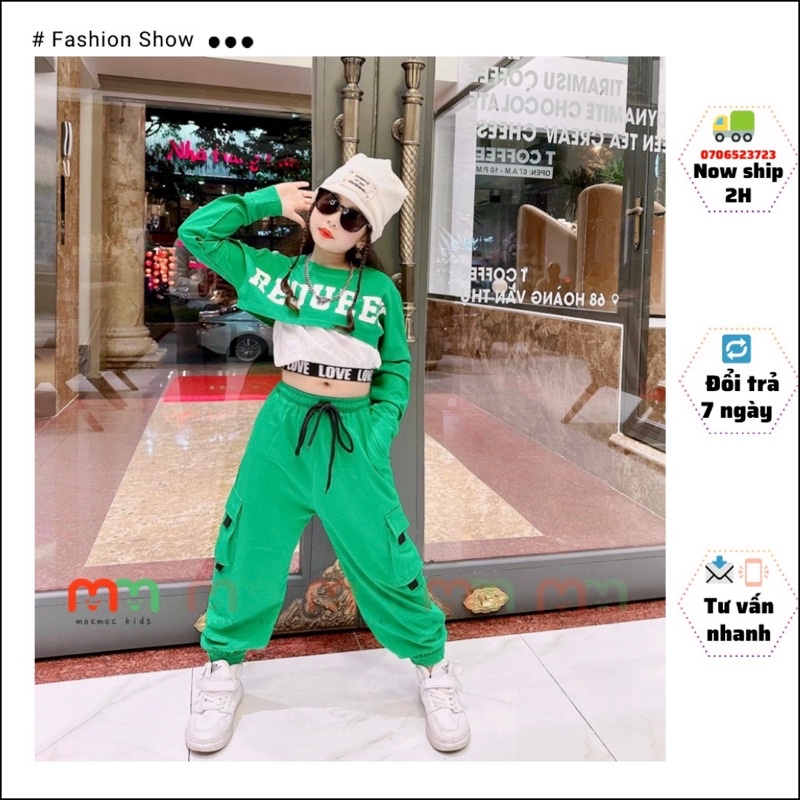 Đồ nhảy thu đông cho bé gái áo croptop cutout ngoài, áo dây trong vs bảng eo co dãn mềm, quần jogger túi hộp thun cotton
