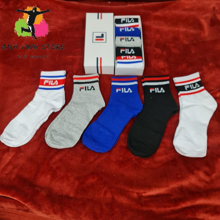 Vớ fila cổ trung unisex nhiều màu hộp 5 đôi tất thể thao nam nữ