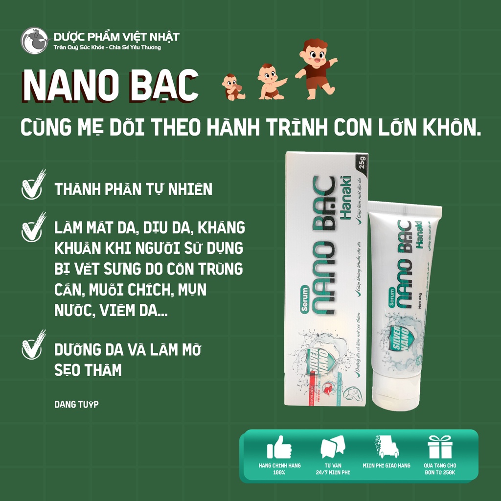 Serum Nano Bạc Hanaki giúp kháng khuẩn, làm dịu da, dưỡng da và làm mờ sẹo thâm. Dạng tuýp