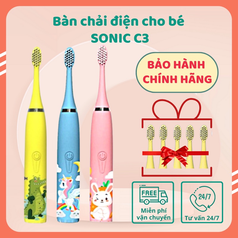Bàn chải điện cho bé SONIC C3, Bàn chải đánh răng cho bé từ 2 tuổi chế độ thông minh tự động làm sạch răng