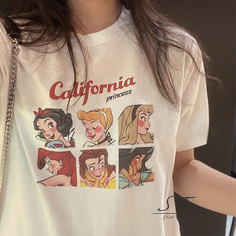 Áo Thun Tay Ngắn Cổ Tròn In Họa Tiết Hoạt Hình Và Chữ CY03 Dành Cho Nữ