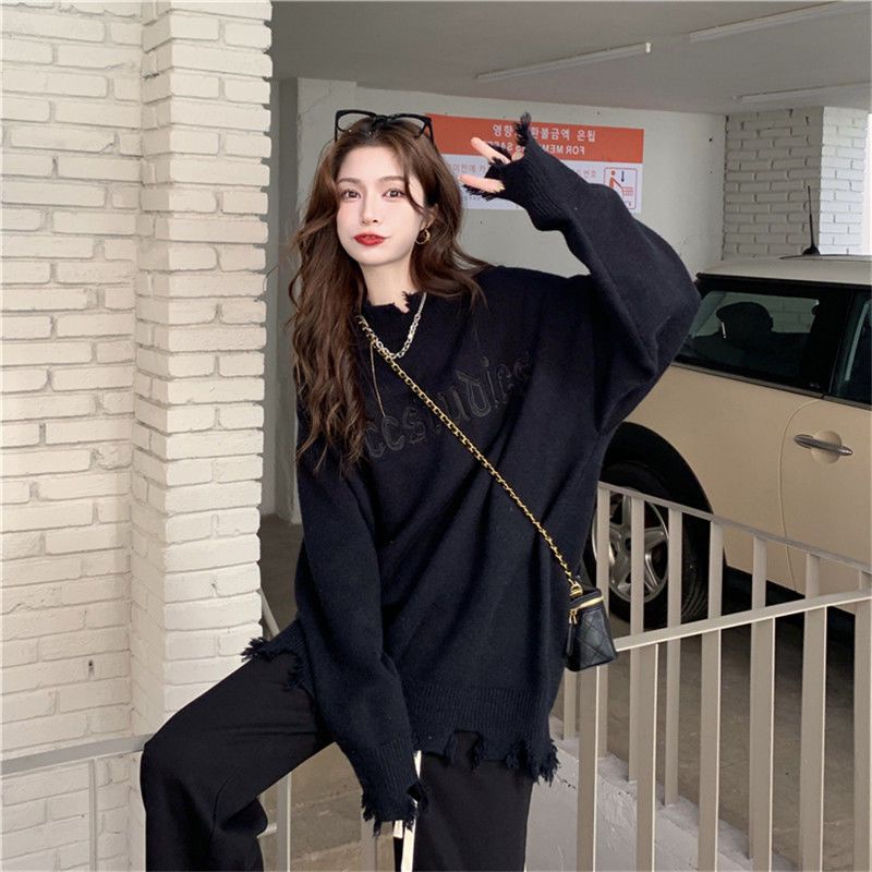 Jiashucheng Áo Sweater Cổ Lọ Dáng Rộng Thiết Kế Rách Phong Cách Mới Ngọt Ngào Cho Nữ