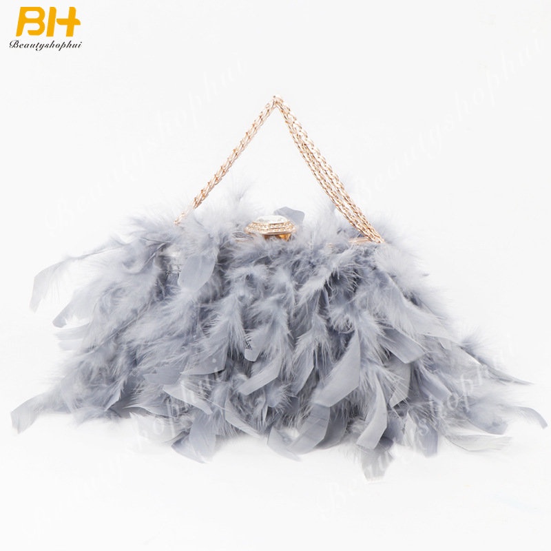 Túi Xách Dự Tiệc Đeo Vai Đính Lông Vũ Thổ Nhĩ Kỳ Phối Dây Xích Kim Cương Kiểu Âu Mỹ 2022 Mới
