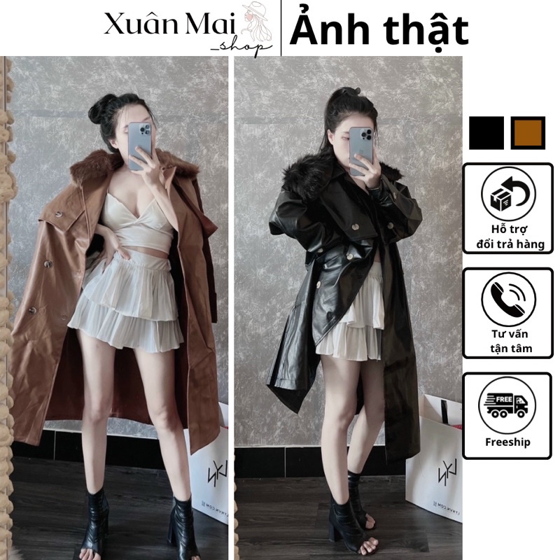 [FREESHIP]Áo khoác da mangto phối lông tháo rời được cao cấp tay dài sáu nút có đai tay đai eo hàng QCCC hình thật