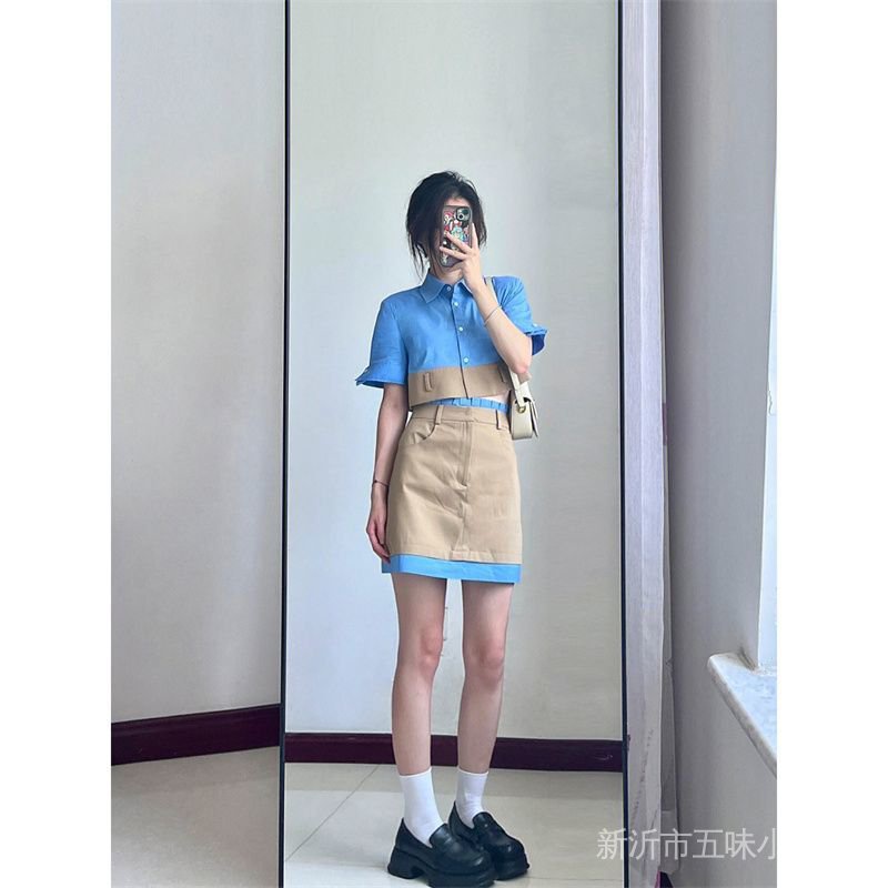 Influencer Bán Chạy Set Áo Ngắn Tay + Chân Váy Lưng Cao Phong Cách Preppy Hàn Quốc Mùa Thu Cho Nữ