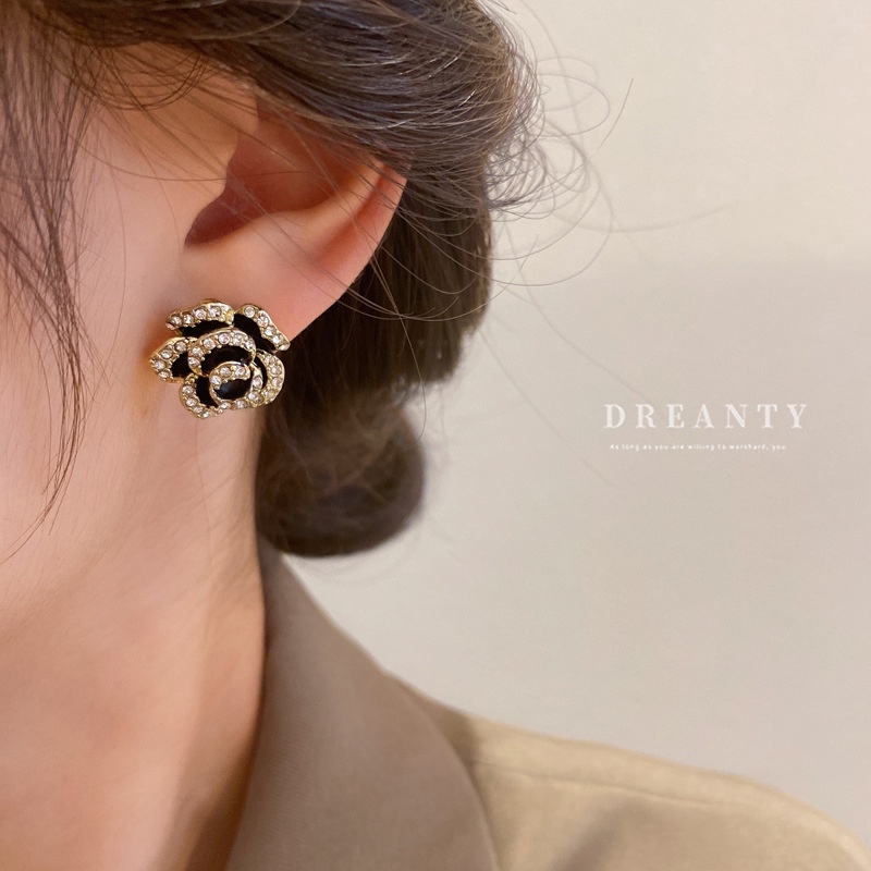 Bông Tai Mạ Bạc / Đen Hình Hoa Trà Đính Kim Cương Giả Kiểu Pháp Đơn Giản Thanh Lịch