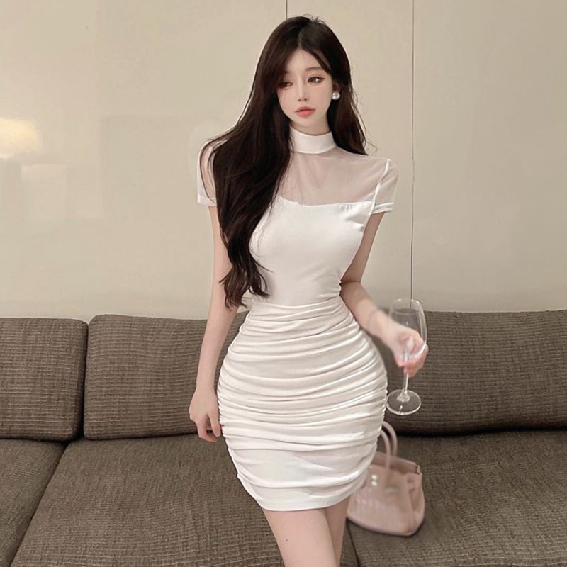 Đầm Tay Ngắn Cổ Cao Dáng Ôm Phối Lưới Thời Trang Hàn Quốc Quyến Rũ Cho Nữ