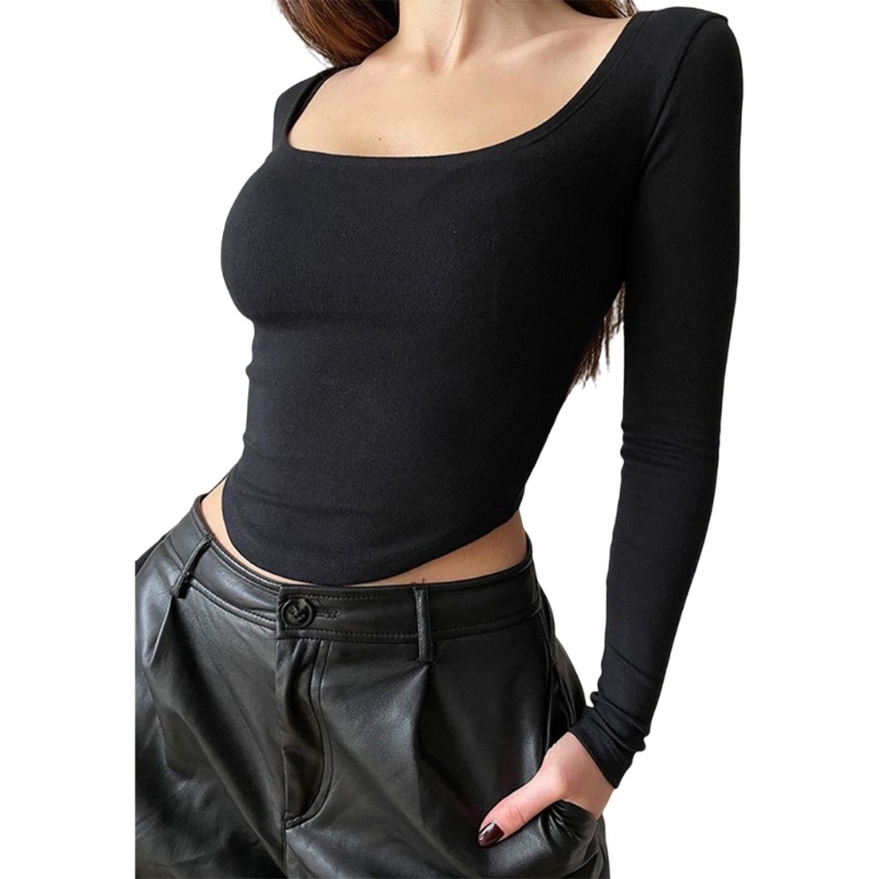 Áo Thun Tay Dài Cổ Chữ U Màu Sắc Đơn Giản Quyến Rũ Cho Nữ