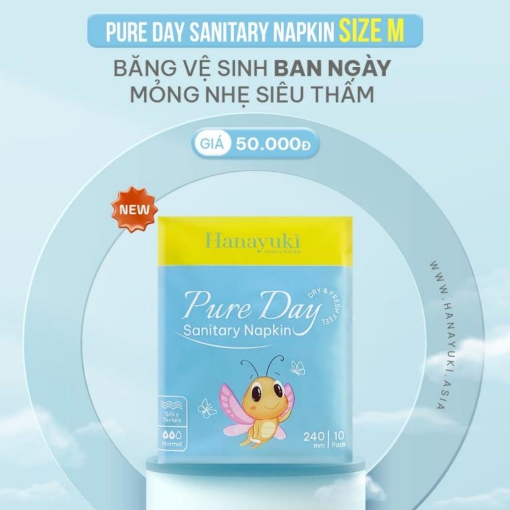 Băng Vệ Sinh Ban Ngày Pure Day Sanitary Napkin Mỏng Nhẹ Siêu Thấm Gói 10 Miếng Có Cánh Size M Hanayuki Chính Hãng