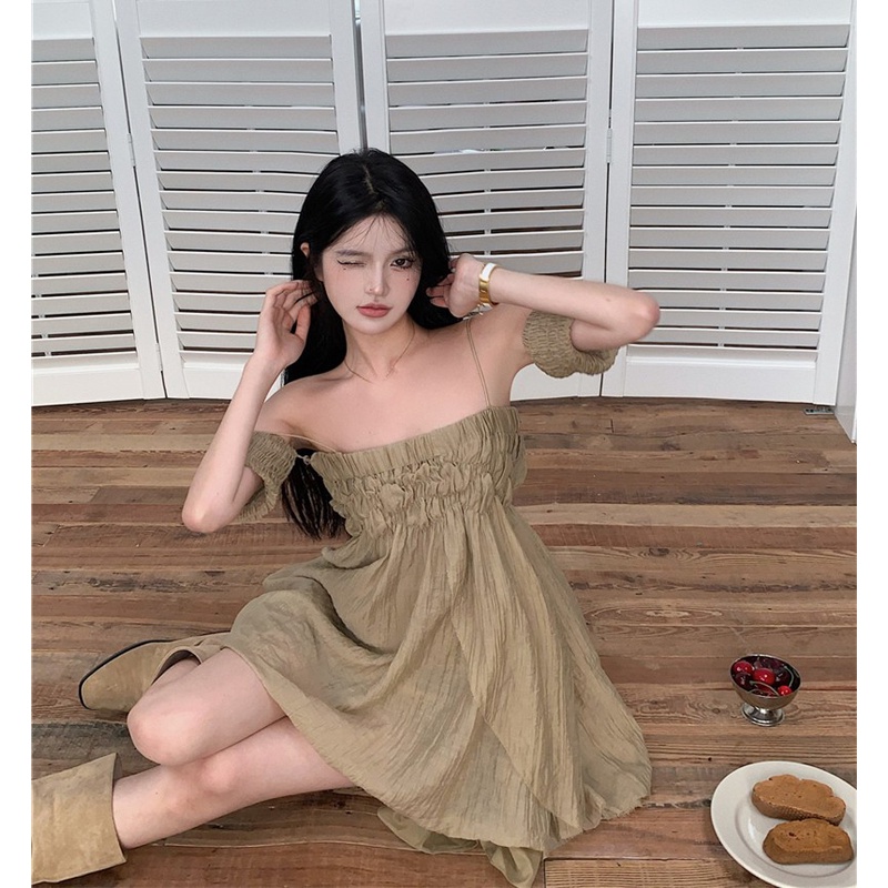 Váy babydoll trễ vai màu rêu cá tính AK3149