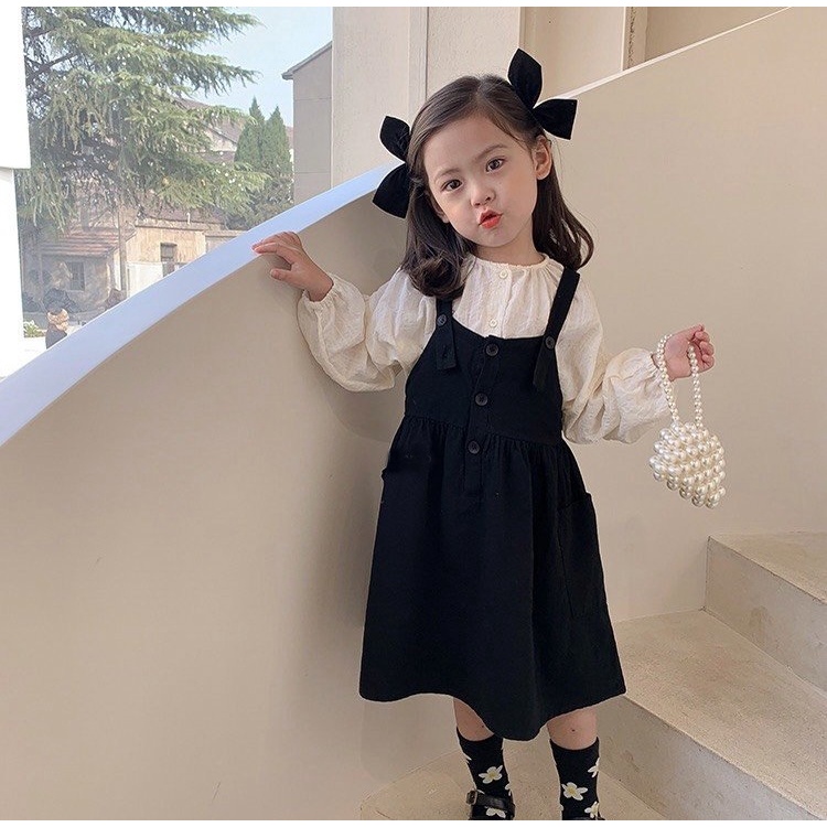 Set Váy Yếm Với Áo Sơ Mi Tay Phồng Phong Cách Hàn Quốc Cho Bé Gái