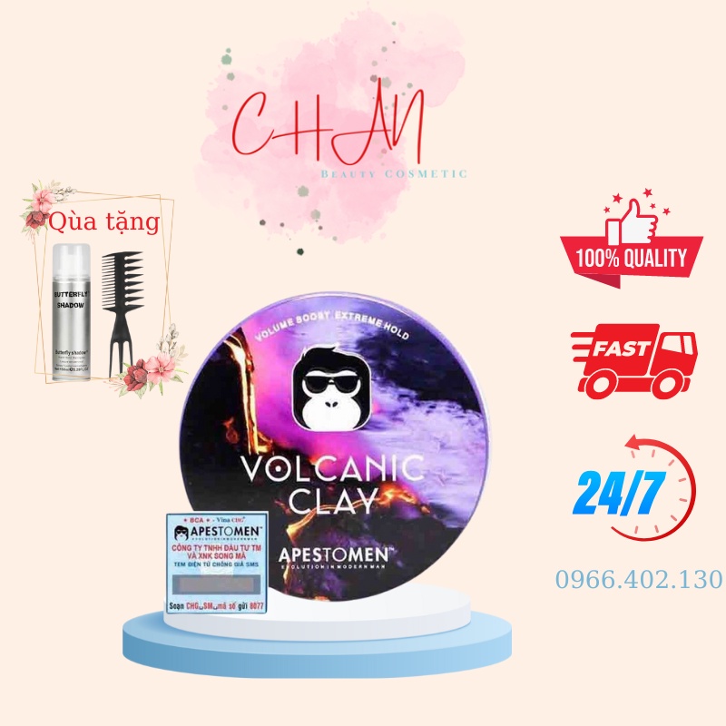 Sáp Vuốt Tóc Apestomen Volcanic Clay 80g chính hãng tem SMS tặng lược + gôm Butterfly Shadow 150ml