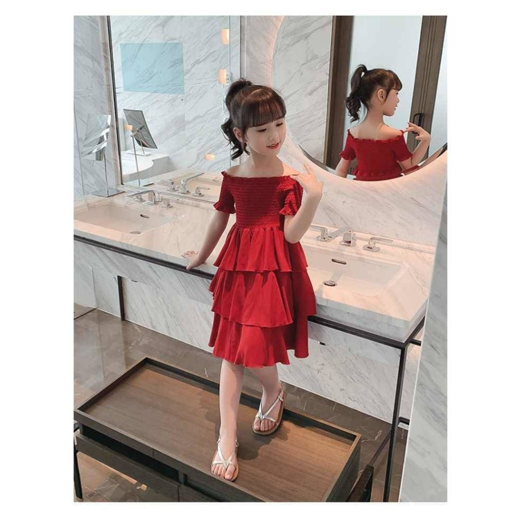 Váy Cho Bé Gái | Đầm Công Chúa Nhỏ Trễ Vai Màu Đỏ Cho Bé Gái 3-5 - 10 Tuổi