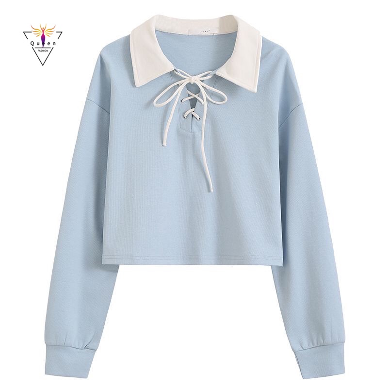 Áo Thun Lửng Tay Dài Cổ polo Có Dây Cột Màu Sắc Thời Trang Cho Nữ