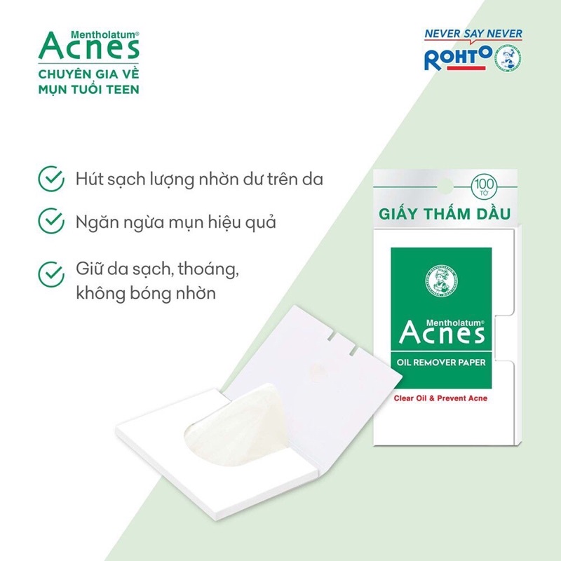 Giấy thấm dầu Acnes Oil Remover Paper (ROHTO) hút nhờn, kiềm dầu, sạch da, ngăn mụn (Gói 100 tờ)