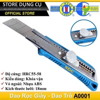 Dao rọc giấy đa năng 18mm có núm xoay C-Mart A0001, dao trổ cố định lưỡi dao siêu sắc, Dao rọc giấy cao cấp Cmart