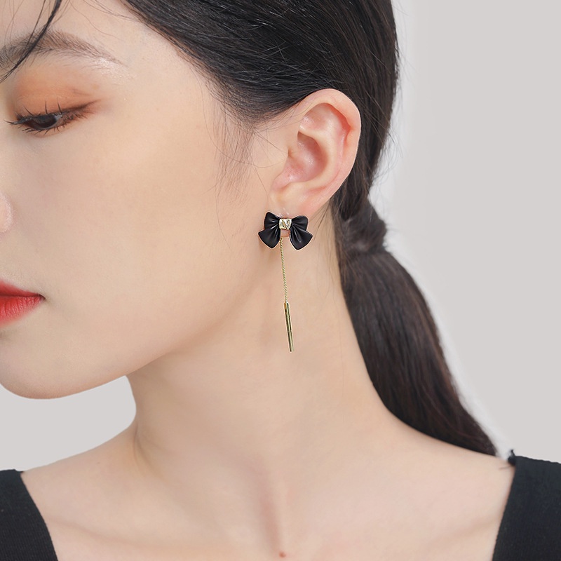 Bông Tai Mạ Bạc 925 Dáng Dài Đính Nơ Tua Rua Thời Trang Hàn Quốc Cho Nữ