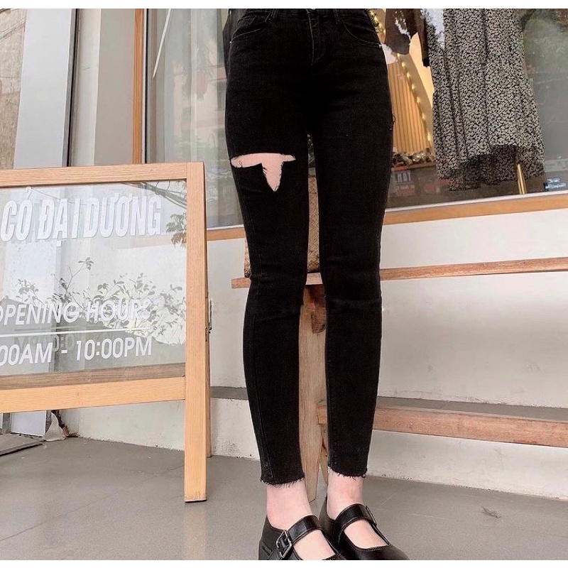 Quần Jean Nữ Skinny Xanh/Đen Rách T Sườn, Lưng Cao Trên Rốn - Co Giãn Mạnh