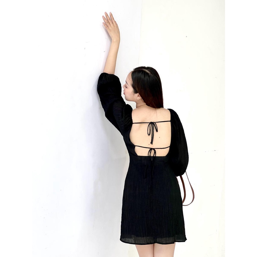 Đầm nữ hở lưng 2 lớp tay dài thắt dây sau thời trang GAGO màu đen GG4183