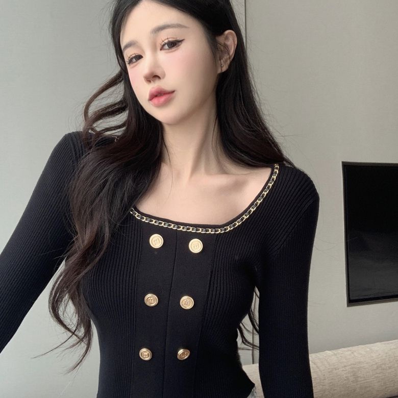 COZOK Áo Dệt Kim Tay Dài Cổ Vuông Dáng Ôm Quyến Rũ Thời Trang Cho Nữ