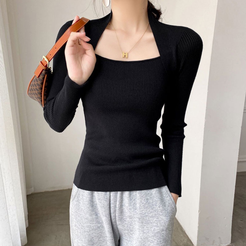 Áo Dệt Kim Tay Dài Cổ Vuông Quyến Rũ Thời Trang Hàn Quốc Cho Nữ