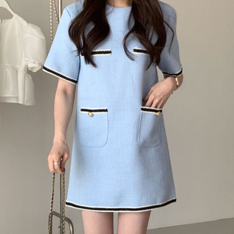 Đầm Vải Tweed Tay Ngắn Cổ Tròn Phối Túi Màu Sắc Tương Phản Phong Cách Hàn Quốc Thời Trang Mùa Hè Cho Nữ