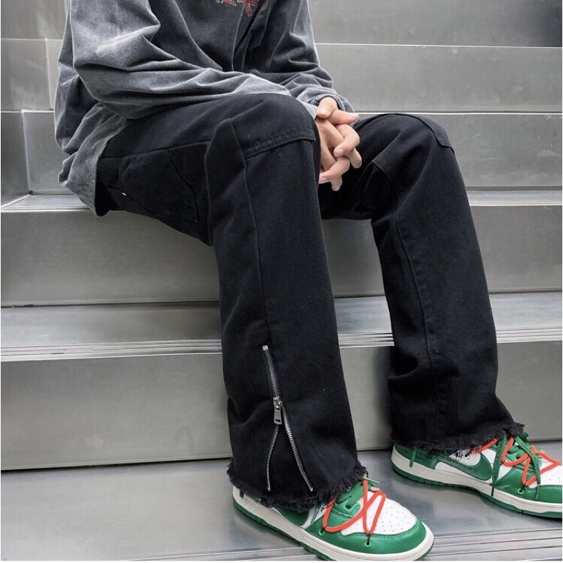 Quần bò jeans ống rộng kéo khoá ống tua rua cách điệu Ulzzang hiphop màu trắng / đen siêu chất ❤️