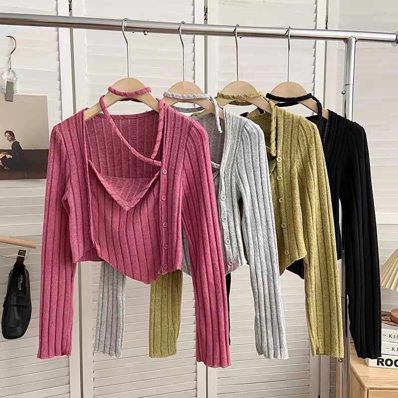 áo len dệt kim vạt yếm mix 2 hàng khuy màu muối tiêu (m5610#)