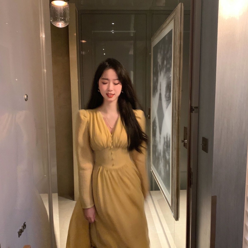 Đầm Tay Phồng Cổ Chữ v Chiết Eo Phong Cách Pháp Thanh Lịch Cao Cấp204259