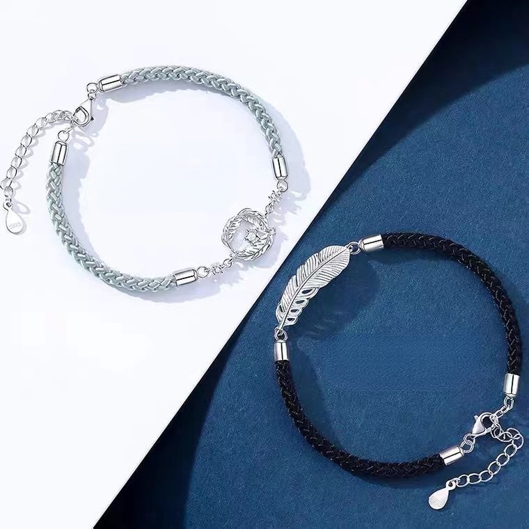 Vòng Tay Dây Bện Phối Mặt Hình Lông Vũ Mạ Bạc 925 Thời Trang Cho Cặp Đôi