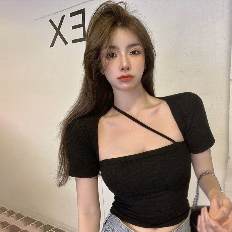 Áo Thun Lửng Ngắn Tay Cổ Vuông Phong Cách Hàn Quốc Quyến Rũ Dành Cho Nữ