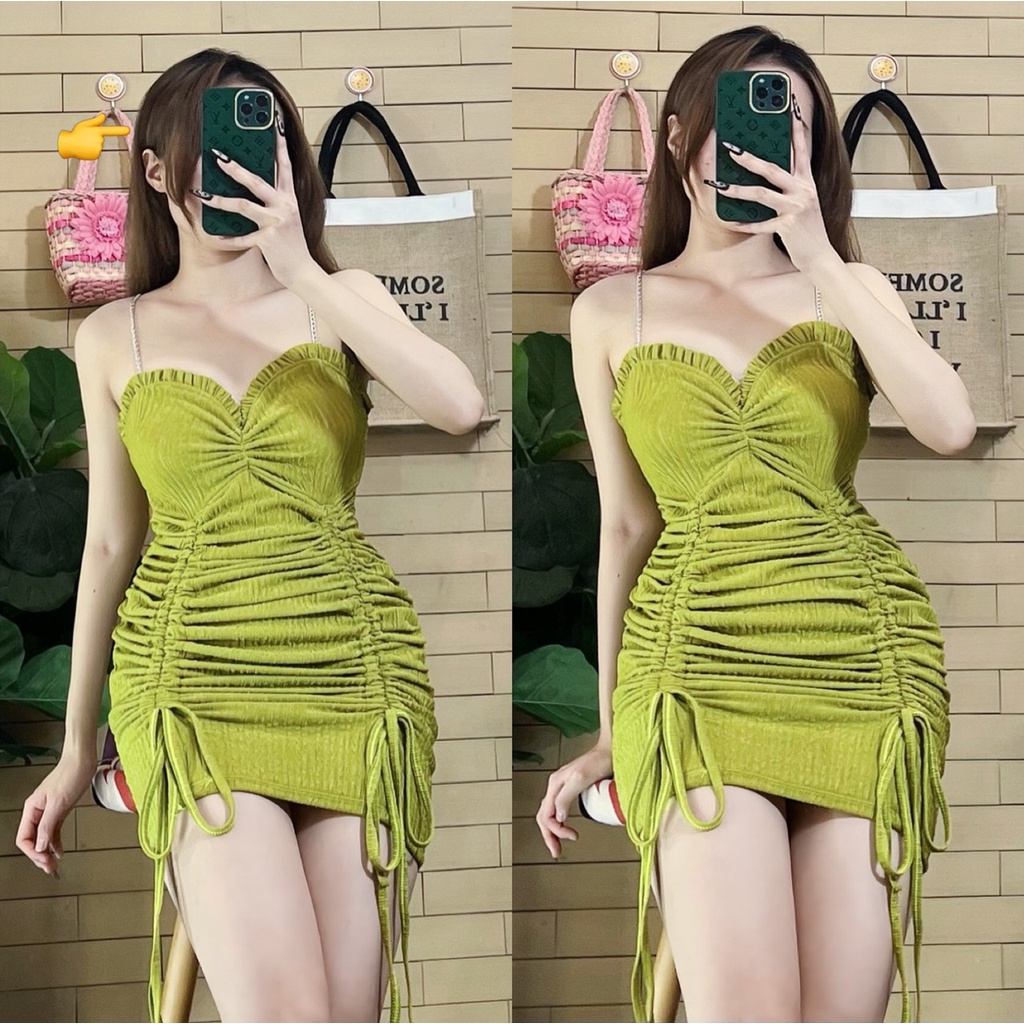 Đầm xốp 2 dây xích ôm body rút dây 2 bên dáng ngắn cực xinh , chất xốp dày dặn co giãn