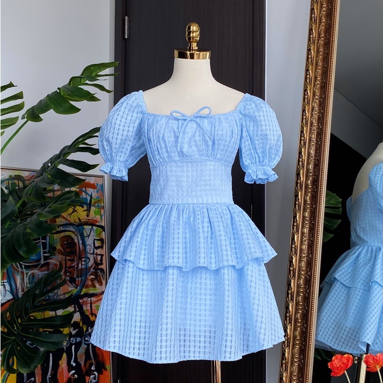 Đầm xoè SheByShj 2 tầng tay phồng màu xanh dương - BLue Dahlia Dress