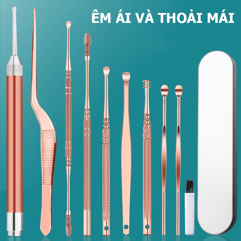 Bộ lấy ráy tai có đèn cho bé và người lớn, dụng cụ vệ sinh tai cao cấp cho gia đình 9 món