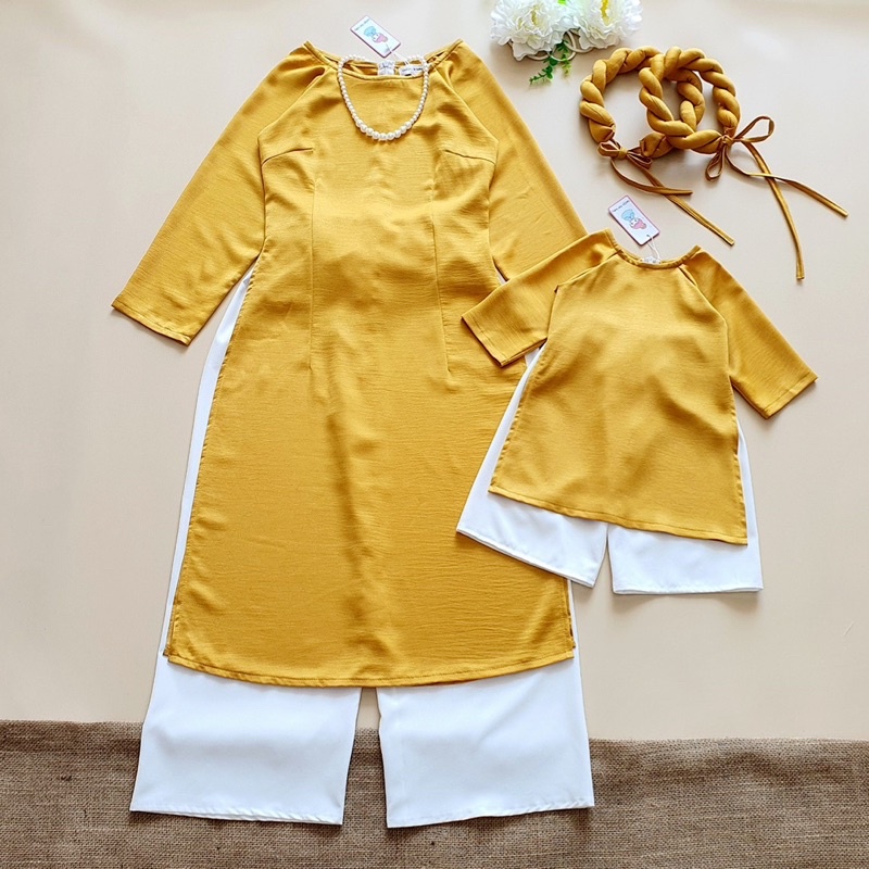 Áo dài cách tân quần bà ba màu vàng cho mẹ và bé 💛Áo dài mẹ bé LALA💛