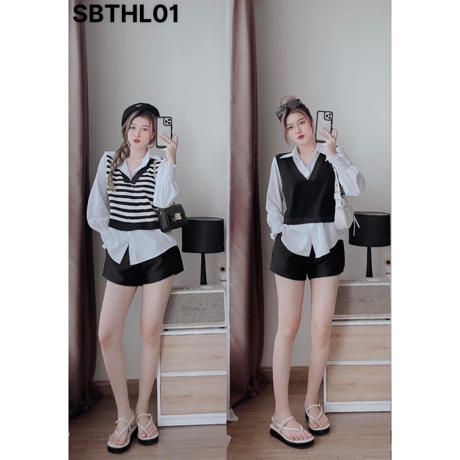 Sét 3 món sơ mi trắng phối áo gile kèm quần short bigsize Kim Ngân từ 50kg đến 100kg (M/L/XL/XXL)