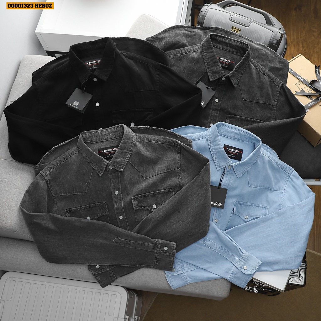 Sơ mi denim cúc bấm Heboz 4M - chất vải denim mỏng, nhẹ và thoáng mát -  00001323