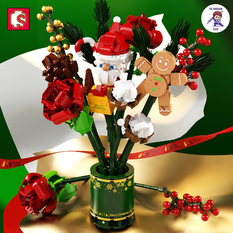 Đồ Chơi Lắp Ráp Giáng Sinh Noel Mô Hình Bó Hoa Giáng Sinh Phát Nhạc Có Ông Già Tuyết Hoa Hồng Cookie 605026