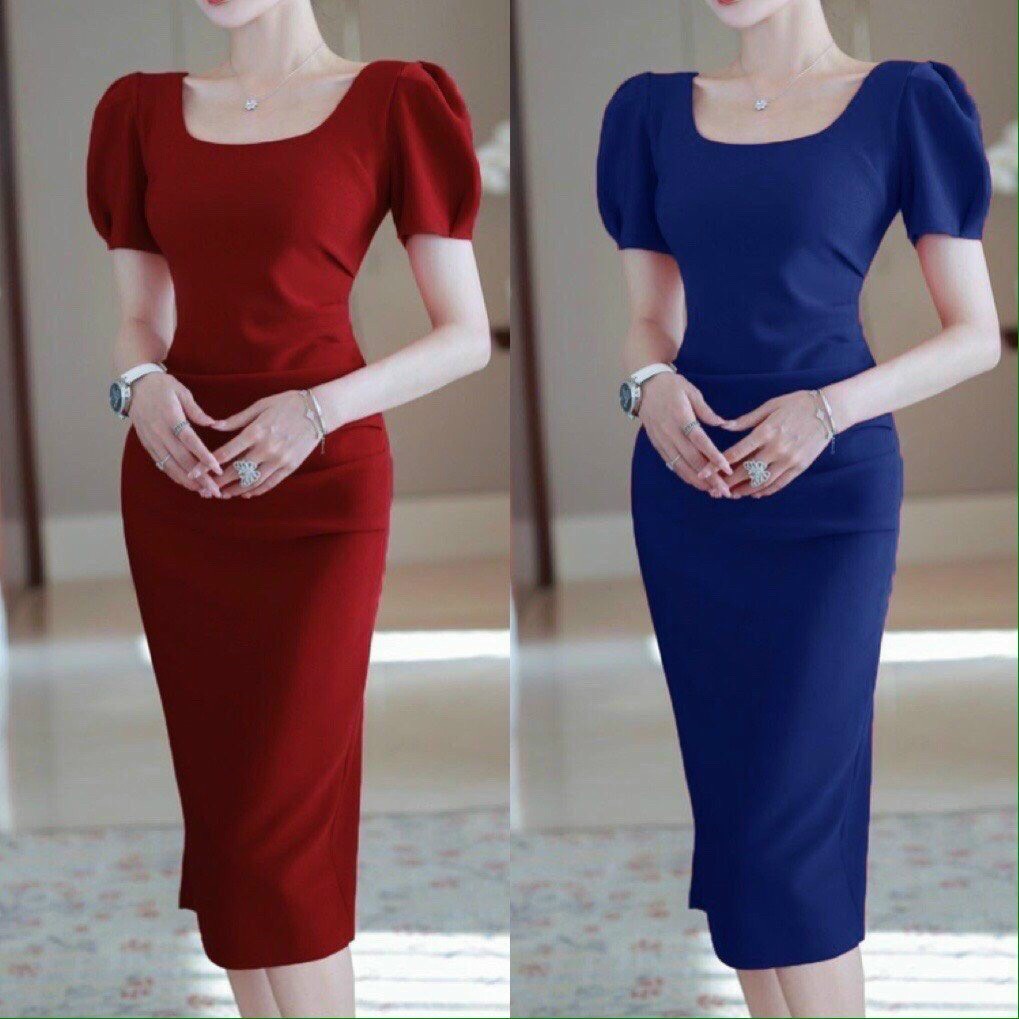 Đầm ôm cổ tròn nhún eo Đầm công sở đi làm thanh lịch có size M,L,XL
