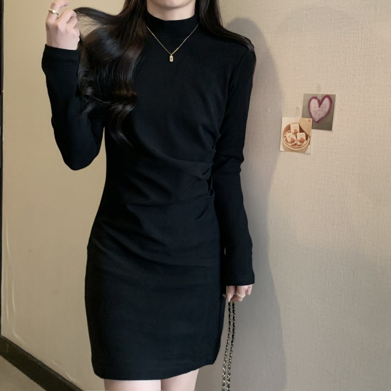 Đầm Tay Dài Cổ Tròn Màu Trơn Thiết Kế Chiết Eo Nữ Tính